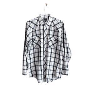 Roper Mens Casual Shirt Pearl Snap Up Long Sleeve Plaid Black White Silver Large